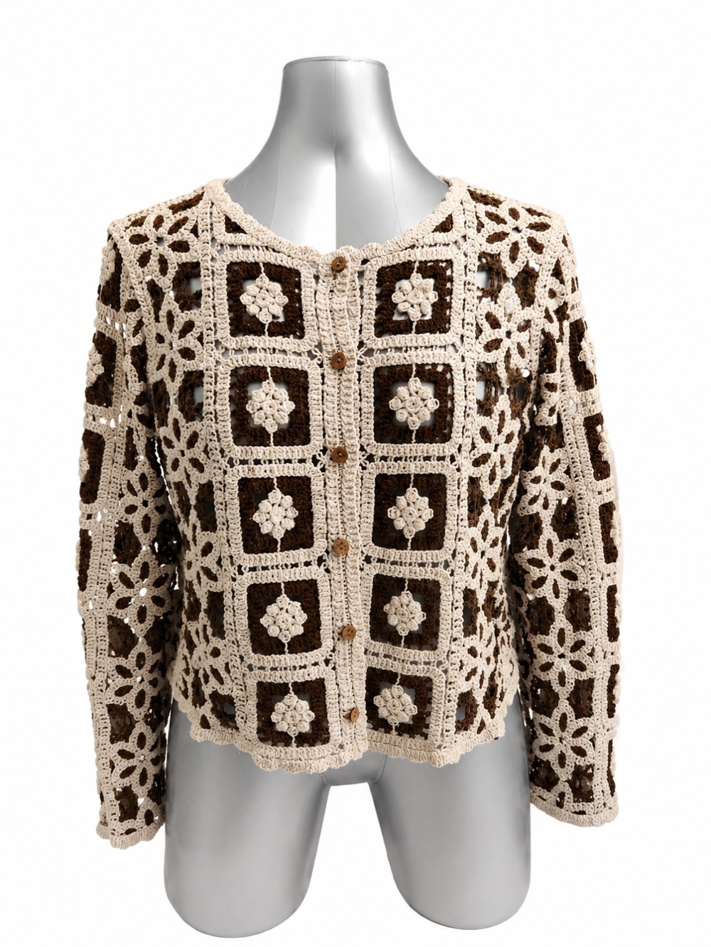Ultra Pink Crochet Brown Granny Square Cardigan Sweater XL Button Front EUC - Picture 3 of 6